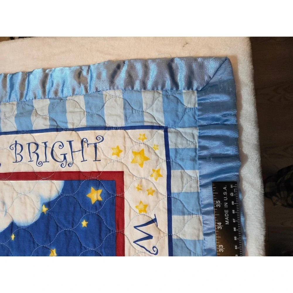 343. Vintage Baby Crib Quilt Teddy Bear Moon & Stars Blue Nursery Blanket